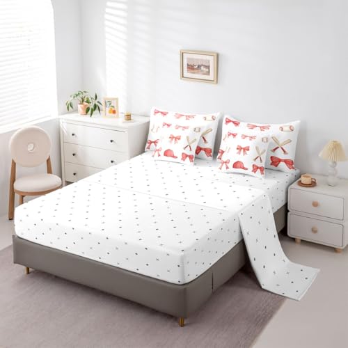 Image of Watercolor Bowknot 7 Pcs Comforter Set with Sheets Twin Size Sports Baseball Cap Baseball Bedding Sets for Kids Girls Women Cartoon Bow Ribbon Girly Bedroom Dorm Decor Lightweight Bed Set All Season