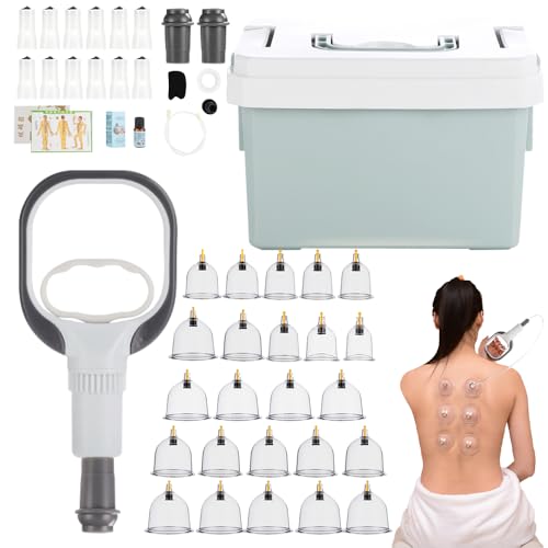 CLIUNT Ventosas Fisioterapia, 24 PCS Juego de Terapia de Ventosas, Ventosas Masaje para Vacumterapia con Mapa de Puntos de Acupuntura para Eliminar la Celulitis, Aliviar y Relajar los Músculos