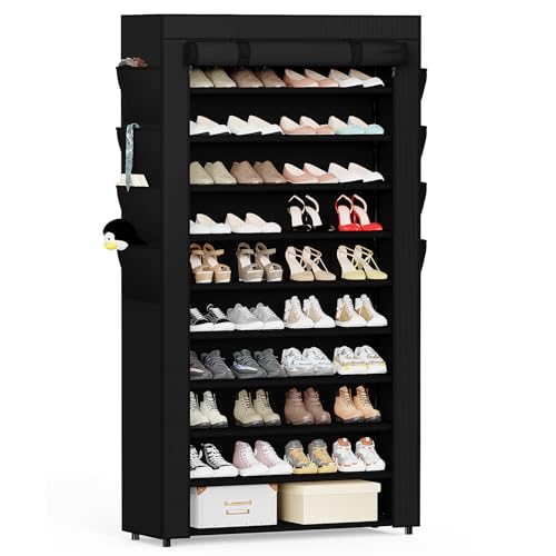 Mavivegue Shoe Rack with Cover, 10 Tier Tall Shoe Storage for 50-55 Pairs of Shoes, Shoe Organizer for Entryway, Closet