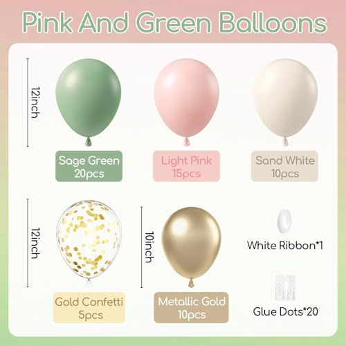 Image of 60pcs Pink and Green Balloons 12inch with Sage Green Light Pink Sand White Metallic Gold Confetti Balloons for Birthday Bridal Shower Boho Baby in Bloom Baby Shower Decorations
