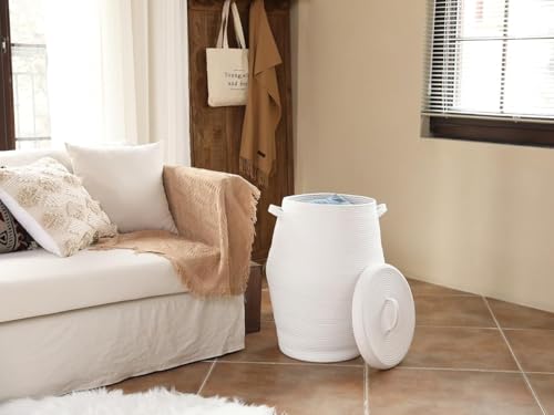 Image of Large Basket Natural Cotton Rope Storage Basket and Hamper for Cloths and Multi Usage in Living Room, Bedroom, Laundry Room (Size - 15 inch x 15 inch x 18 inch) (White With Lid)