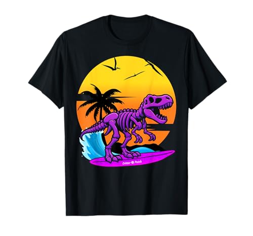 Neon Surfing T-Rex Skeleton with Vintage Beach Retro Sunset T-Shirt