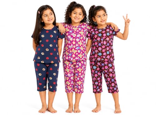 Image of NammaBaby Girl's Cotton Graphic Print Night Suit and Payjama Set - Multipack