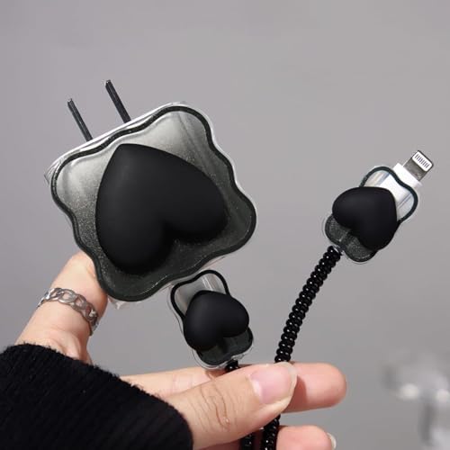 Image of INEFABLE Charger Case Cover Protector with 3D Cute Pattern for iPhone Charger only 18W & 20W, Data Charging Cable Wire Saver Protective Cable Cover Full Protection - Set Of 1 (Black heart)