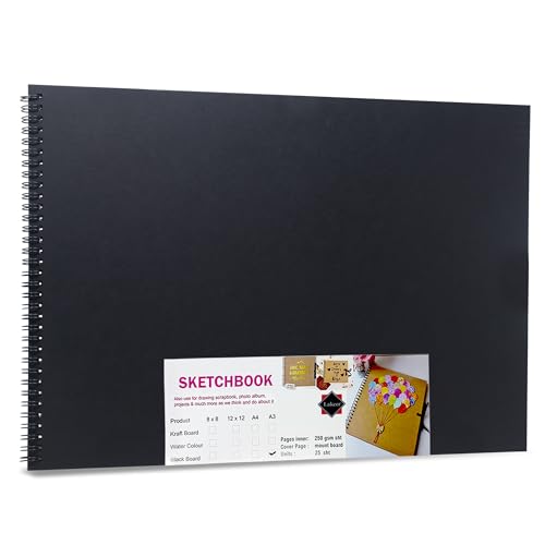 Lakeer A3 Black Paper Sketchbook, 250 GSM Heavyweight Acid-Free Sheets, 25 Sheets Hardbound Spiral-Bound for Artists, Doodling and Mixed Media