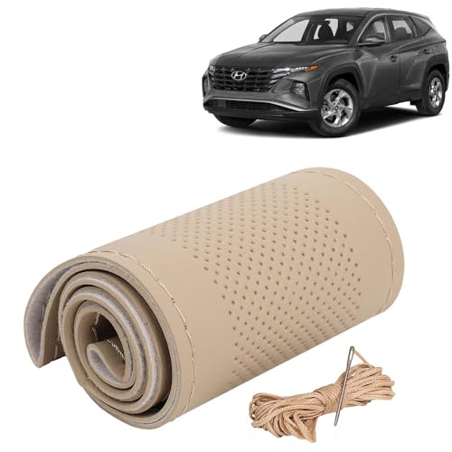 Image of KINGSWAY PU Leatherite Car Steering Cover Sewable Compatible with Hyundai Tucson (Year 2022 Onwards), Beige Color with Beige Thread, Pack of 1 with Sewing Needle and Thread