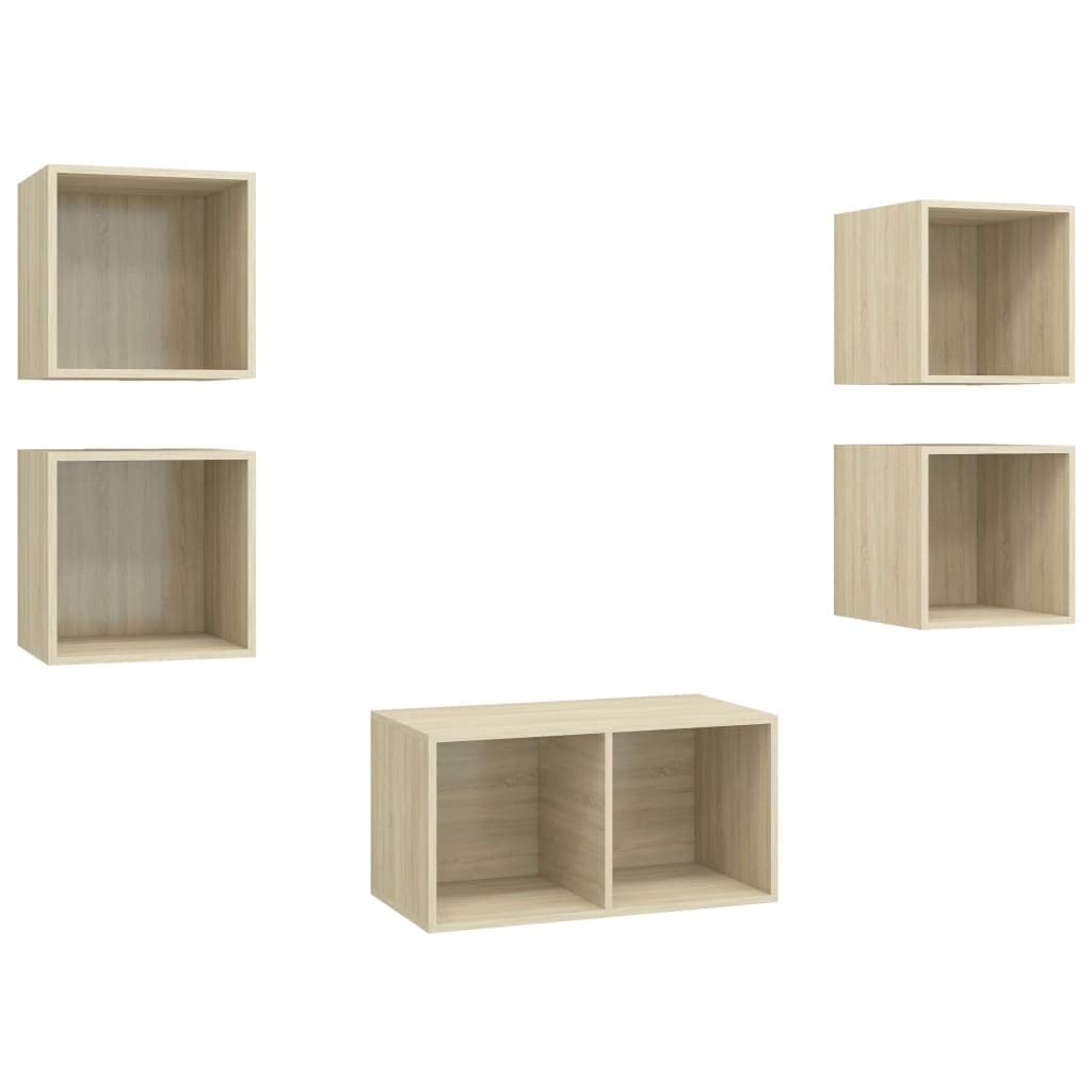 5-TLG. TV-Schrank-Set Sonoma-Eiche Holzwerkstoff, Hängend, Modernes Media-Center für Wohnzimmer, Schlafzimmer, Viel Stauraum