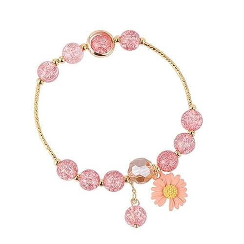 HUASAI Pink Flower Bracelet for Teen Girls Cute Daisy Charm Bracelet Pink Daisy Pendent Crystal Bracelets Summer Jewelry Gifts