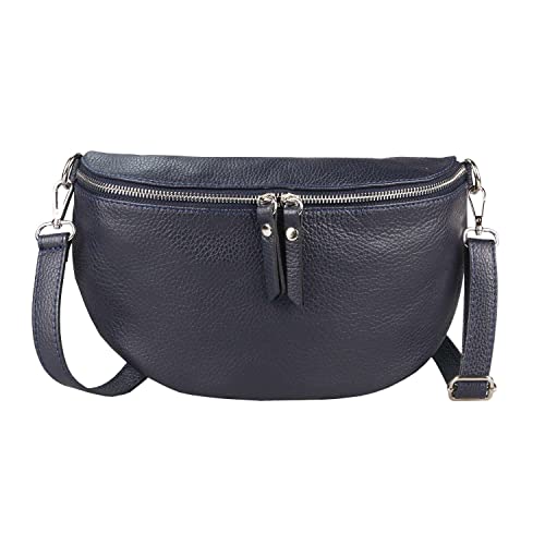 OBC Made in Italy Damen Leder Tasche Medium Handytasche Gürteltasche Crossbody Hüfttasche Bauchtasche Umhängetasche Cross-Over Bodybag Schultertasche Kosmetiktasche Dunkelblau