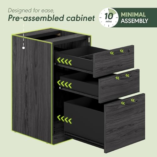 Image of Furinno Roger File Cabinet, 3-Drawer Fixed Pedestal Filing Cabinet with Lock, Soft-Close Drawers with Drawer Organizer, for Home Office, Coastal Grey