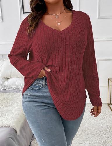 Image of Koscacy Women Plus Size Casual Knit Sweater V Neck Solid Color Tops Lightweight Long Sleeve Blouses