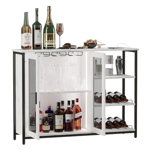 LVSOMT LED Farmhouse Coffee Bar Cabinet, Wine Cabinets with Removable Wine Rack, Buffet Cabinet with Motion Sensor for Kitchen, Dining Room (Brown-43.3''L) 43.3''L Brown-43.3''l