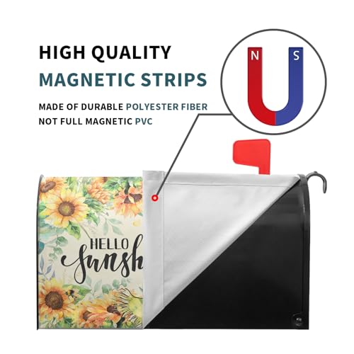 Image of Hello Sunshine Cat Magnetic Mailbox Cover for Garden Yard, Summer Sunflowers Bee Kitten Waterproof Mailbox Wrap Post Cover for Outdoor Outside Patio Decor, Large Size 25.5x21 Inch