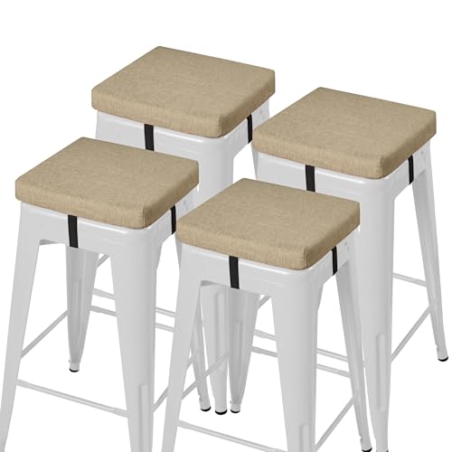 Image of AddGrace Anti-Slip Bar Stool Cushions Square Bar Stool Seat Cushions with Ties Set of 4 Small Square Chair Pads with Machine Washable Cover 12 inchX12 inchX2 inch (Beige)