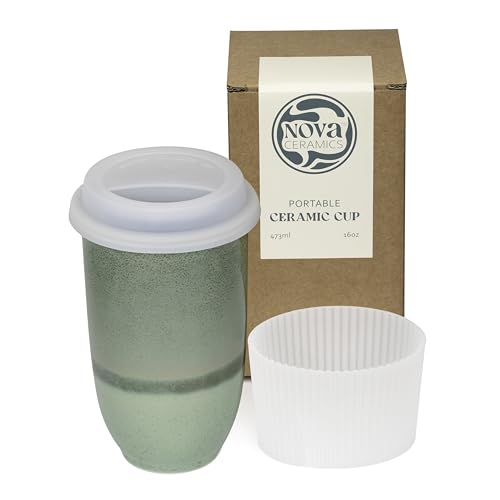 Image of NOVA CERAMICS Coffee Travel Mug - Reusable Coffee - Microwave & Dishwasher Safe Coffee Green Tumbler - Gifts For Women Men Him Her - 16oz - Emerald