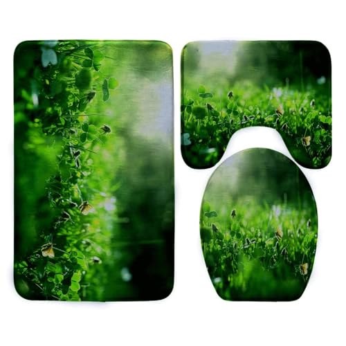 Tapete de baño antideslizante con estampado de mariposas verde para puerta de baño, 3 piezas, tapete absorbente de agua, tapete de baño en forma de U, lavable a máquina, tapete mate para baño, 45 x 75