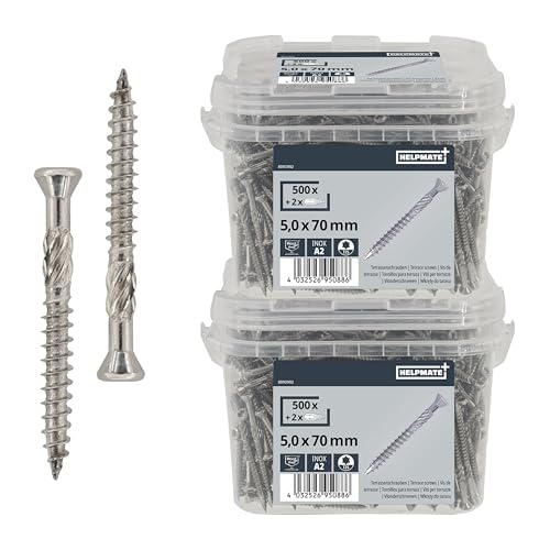 HELPMATE – Vis de terrasse 5 x 70 en acier inoxydable A2 – Lot de 1000 vis de plancher + embout T25 – Vis de terrasse pour l'extérieur (construction de terrasses, abris de jardin)