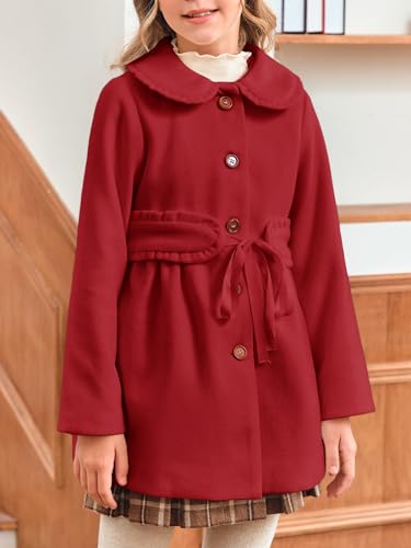 Meikulo Girls Dress Coat Casual Faux Wool Lapel Warm Jackets Kids Cute Ruffle Belt Outerwear 5-14 Years2