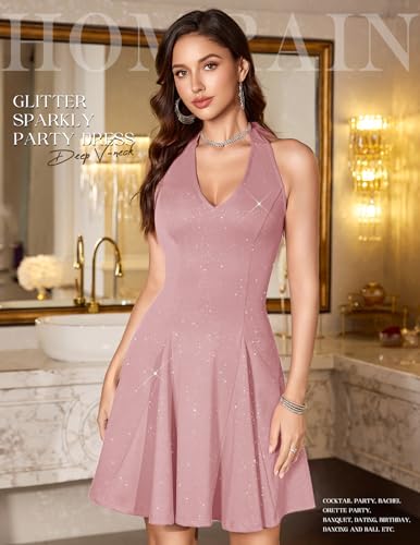 Image of HomRain Glitter Sparkle V Neck Cocktail Dress for Women 2026 A Line Backless Halter Sequin Homecoming Evening Party Dresses