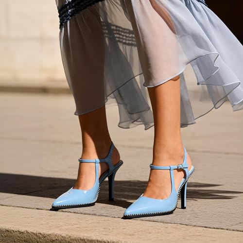 Image of SAMMITOP Womens High Heels Ankle Strap Pointed Toe Stilettos Patent Leather Beaded Pumps Dress Shoes 3.5 Inch