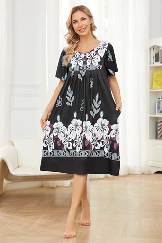 Image of House Dresses for Women with Pockets Mumu Dresses Short Sleeve Moo Moos for Women Nightgown Duster Lounge Dress S-3XL