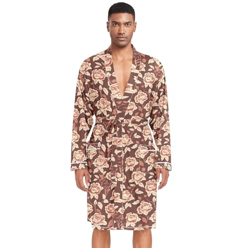 Albornoz con capucha para hombre, diseño de flores rojas de San Valentín, bata tipo kimono para hombre, bata de baño con capucha, para el hospital, L