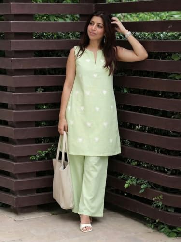 Image of ANNI Designer Kurta Set for Women Cotton Blend Embroidered | Kurti Set for Woman | Farshi Salwar Suit Kurta Palazzo Outfit | Round Neck V Slit Sleeveless Regular Fit Ethnic Dress Stylish Clothing