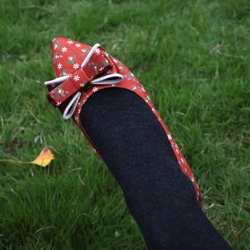 Pointy Toe Dressy Flats Shoes for Women Comfortable, Adorable Embroidered Bows, Red Cushioned Dance Shoes for Christmas3