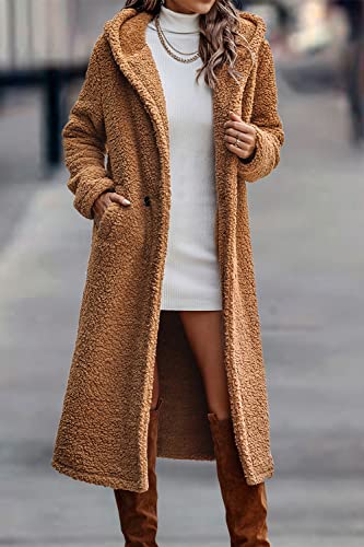 Prettygarden Women's 2023 Winter Coats Fuzzy Fleece Long Hooded Jackets Button Down Faux Fur Warm Outwear With Pockets (Golden Camel,Small) #TOP4
