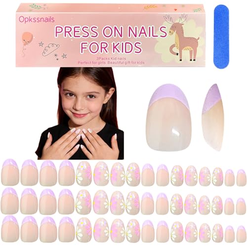 96pcs Press on Nails for Kids 3 Packs Short Oval Children Flower Fake Nail for Kids Teenager Girls 8-12 Years Press on Nails with Nail File Buffer 16 Sizes
