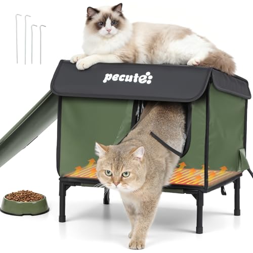 pecute Katzenhöhle für Draußen mit Heizkissen, Isoliertes Haustierhaus Winterfest Wasserdicht, Katzenhaus Tierheim mit Erhöhtem Sockel & Vorhang,...