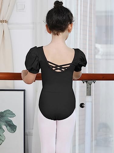 Sisidolls Girls Puff Short Sleeve Leotard Toddler Basic Ballet Dancewear Gymnastics Outfits (Black, 7Y) #TOP2
