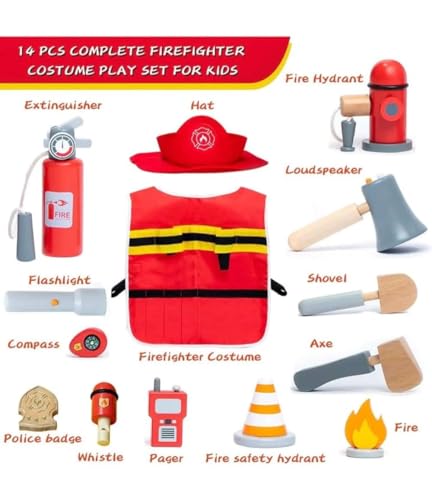 Image of WUDLY Kids Fireman Fire Fighter Costume Pretend Play Dress-up Toy Set