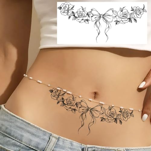 Image of Bilizar 8 Sheets Tramp Stamp Waist Tattoos Lotus Butterfly Temporary Tattoos For Women Adults Cross Sticker, Realistic Bow Bowknot Rose Fake Belly Tattoos Y2K Back Tatoos Waterproof Long Lasting