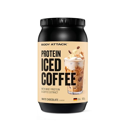 Body Attack Protein Iced Coffee White Chocolate 900 g - Whey Protein Pulver mit Kaffee Extrakt - Erfrischender Proteinshake mit Instantkaffee - Mit Koffein Made in Germany