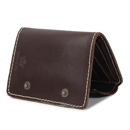 Image of Handmade Raw Leather Wallet for Men and Women | Snap Button Closure | Bifold with Card Slots and Cash Pocket | Slim Genuine Cognac Crunch Leather | Travel Office Carry | Coffee Brown
