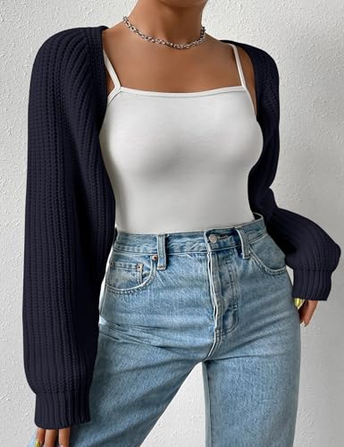 Image of Plus Size Women's Long Sleeve Open Front Crop Cardigan Drop Shoulder Shrug Oversized Ribbed Knit Bolero Sweater