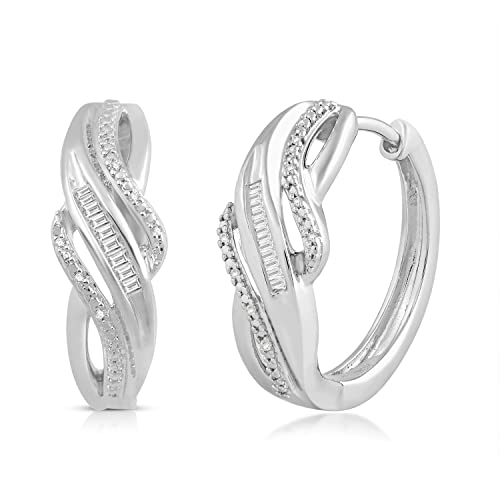 Jewelili Sterling Silver 1/10 Cttw Natural White Round And Baguette Diamonds Hoop Earrings #TOP1