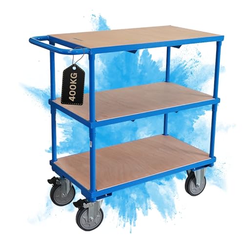 PROREGAL Profi Tischwagen Transportwagen Handwagen Materialwagen mit 3 Etagen | HxBxT 99x98x50cm | Traglast 400 kg | 2X Lenkrollen mit Feststellbremse & 2X Bockrollen | Lichtblau