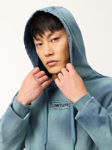 Image of The Souled Store: Ambient Men and Boys Full Sleeves Hooded Neck Blue Washed Cotton Oversized Fit Embroidered Everyday Streetwear Oversized Hoodie