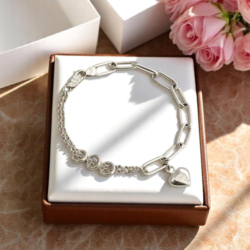 925 Sterling Silver Paperclip Bracelet with Dangling Puff Heart Charm, Double Chain Thick Bracelets for Charms Non Tarnish Womens Trendy Accessories Fashion Jewelry for Women Love Gift4