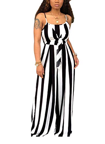 LKOUS Womens' Summer Casual Striped Spaghetti Strap Sleeveless One Piece Loose Wide Leg Pants Suit Jumpsuits Party