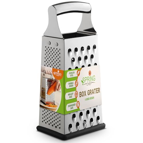 Comparison: Best Grater For Vegetables 11 Spring Chef Professional Large Parmesan Cheese Grater, Stainless Steel Metal Box Grater with Handle, 4 Sided Handheld Kitchen Food Shredder for Cheese, Carrot, Veggie, Ginger, Potato - Dishwasher Safe