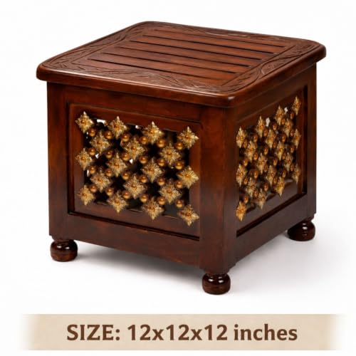 Image of Wooden Storage Stool with Lid | Handcrafted Multipurpose Stool for Sitting, Side Table & Storage | Solid Wood Square Ottoman for Living Room & Bedroom (Modern)