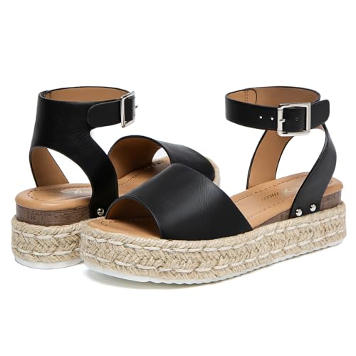 Athlefit Women's Espadrille Platform Sandals Summer Casual Open Toe Ankle Strap Low Wedge Sandals, Black Size 7, AD00952 - Image 5