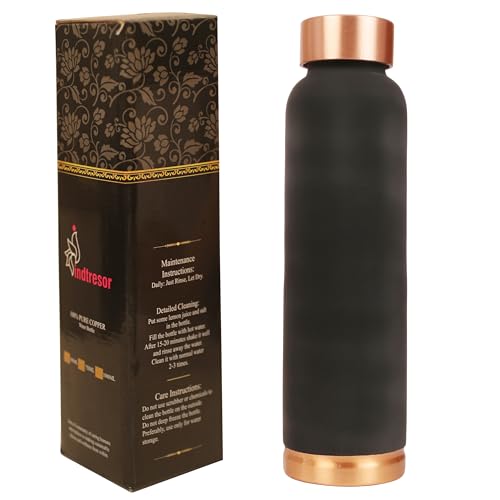 INDTRESOR Pure Copper Water Bottle - Handcrafted - Ayurveda Health Benefits - 33 OZ - Leak proof - Easy to carry for Sports, Fitness, Yoga, School - Jet Black Matte Finish Vintage Enamel.