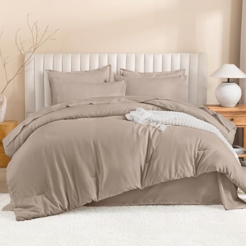 Image of Litanika Full Size Comforter Sets Light Coffee - 7 Pieces Bed in a Bag Beddding Sets, Solid Lightweight Bed Set with Comforter, Sheets, Pillowcases & Shams