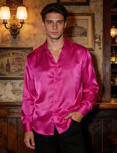 Image of Hi-Tie Men's Silk Satin Dress Shirts Long Sleeve Shiny Casual Button Up Shirts Luxury Party Disco Prom Wedding Shirt