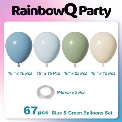 Image of RainbowQ Sage Green and Blue Balloons: 67PCS 12 inch Light Blue Green Sand White Latex Helium Dusty Balloons Set for Anniversary Boho Wedding Birthday Party Decorations