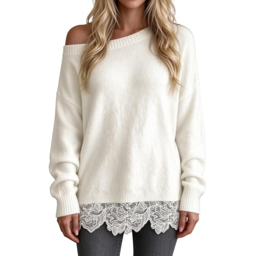 Womens Lace Patchwork Sweater Long Sleeve Boat Neck Pullovers Sweaters - image 2
